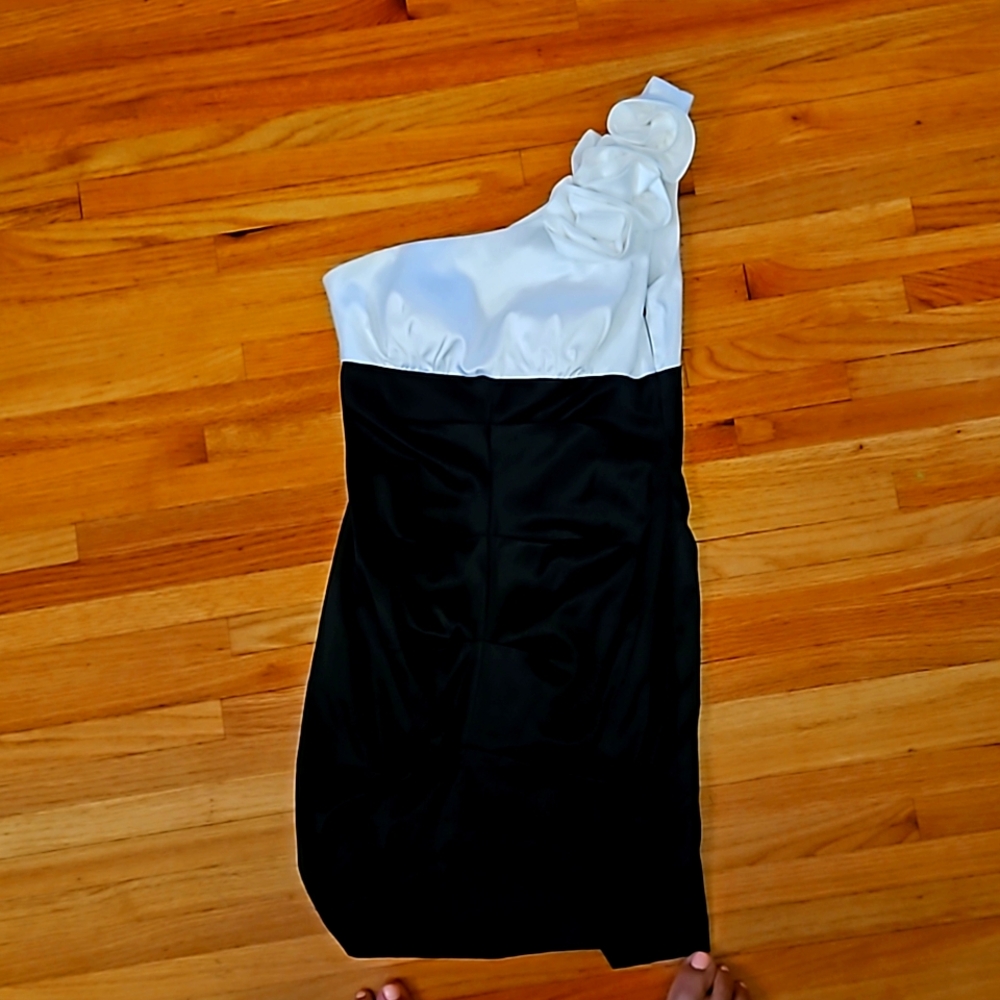 Love black and white polyester, cotton, and spandex dress
